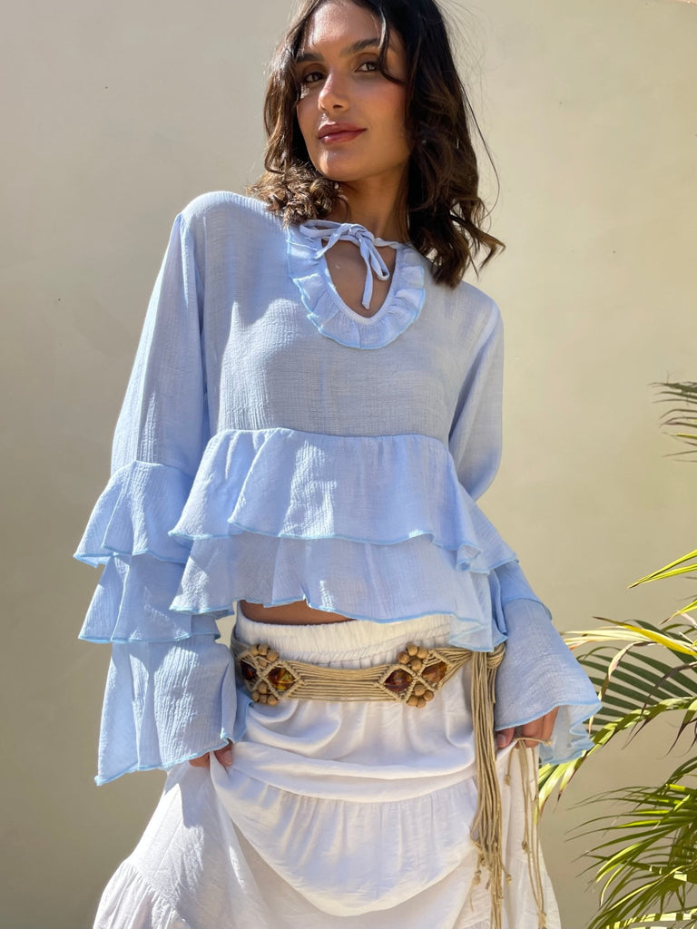 Baby Blue Bold Ruffles Chiffon Blouse - Mii