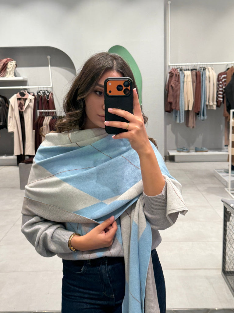 Baby Blue X Grey Argyle Knit Scarf - Mii