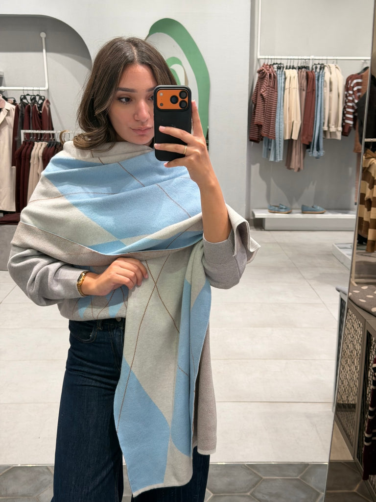 Baby Blue X Grey Argyle Knit Scarf - Mii