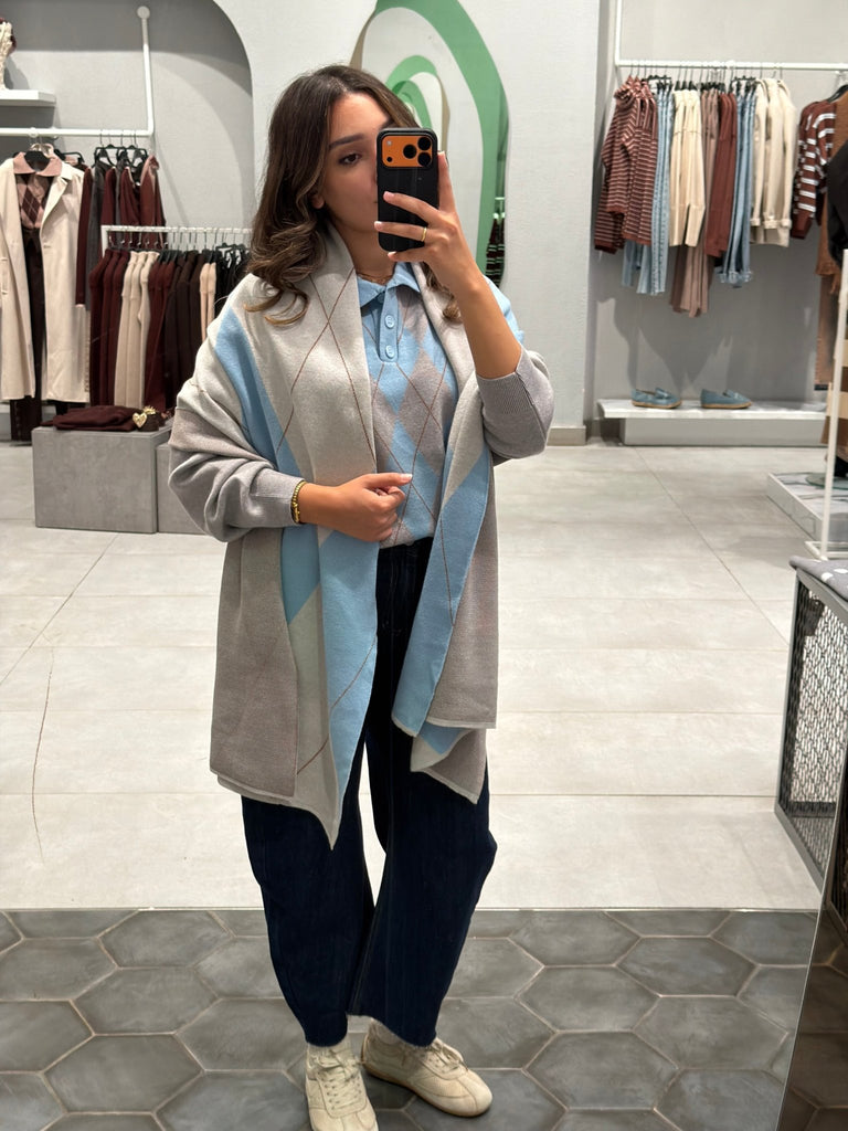 Baby Blue X Grey Argyle Knit Scarf - Mii