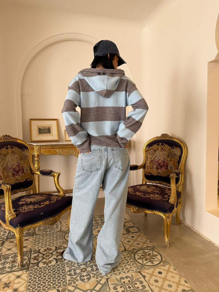 Baby BlueXGrey Striped Hoddie Sweater - Mii