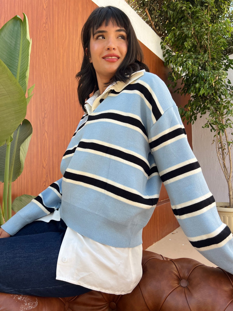 Babyblue X Black Knit Rugby Polo Striped Pullover - Mii