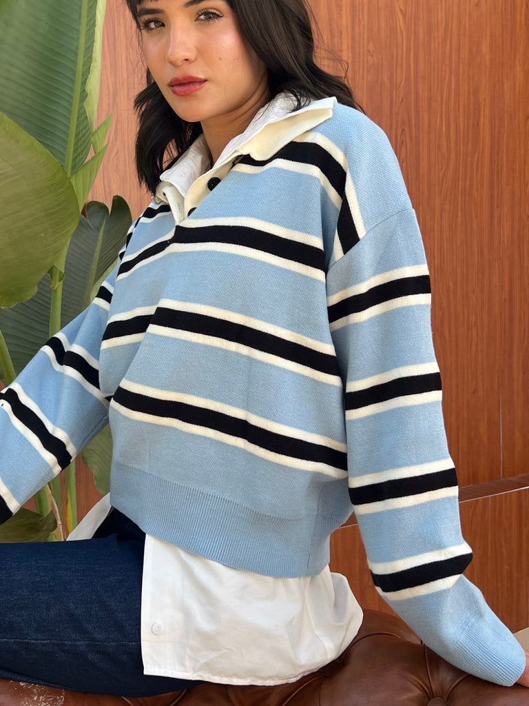 Babyblue X Black Knit Rugby Polo Striped Pullover - Mii