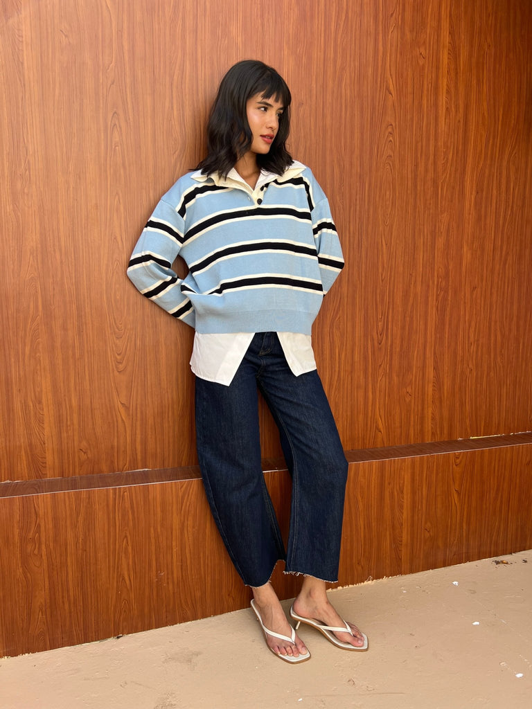 Babyblue X Black Knit Rugby Polo Striped Pullover - Mii