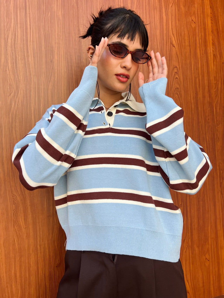 Babyblue X Brown Knit Rugby Polo Striped Pullover - Mii
