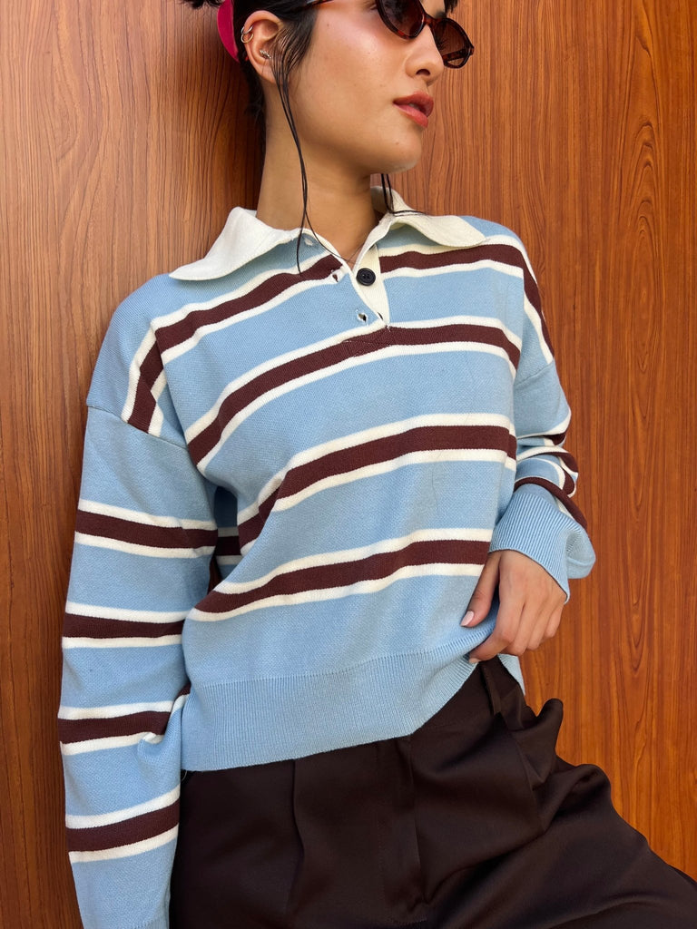 Babyblue X Brown Knit Rugby Polo Striped Pullover - Mii