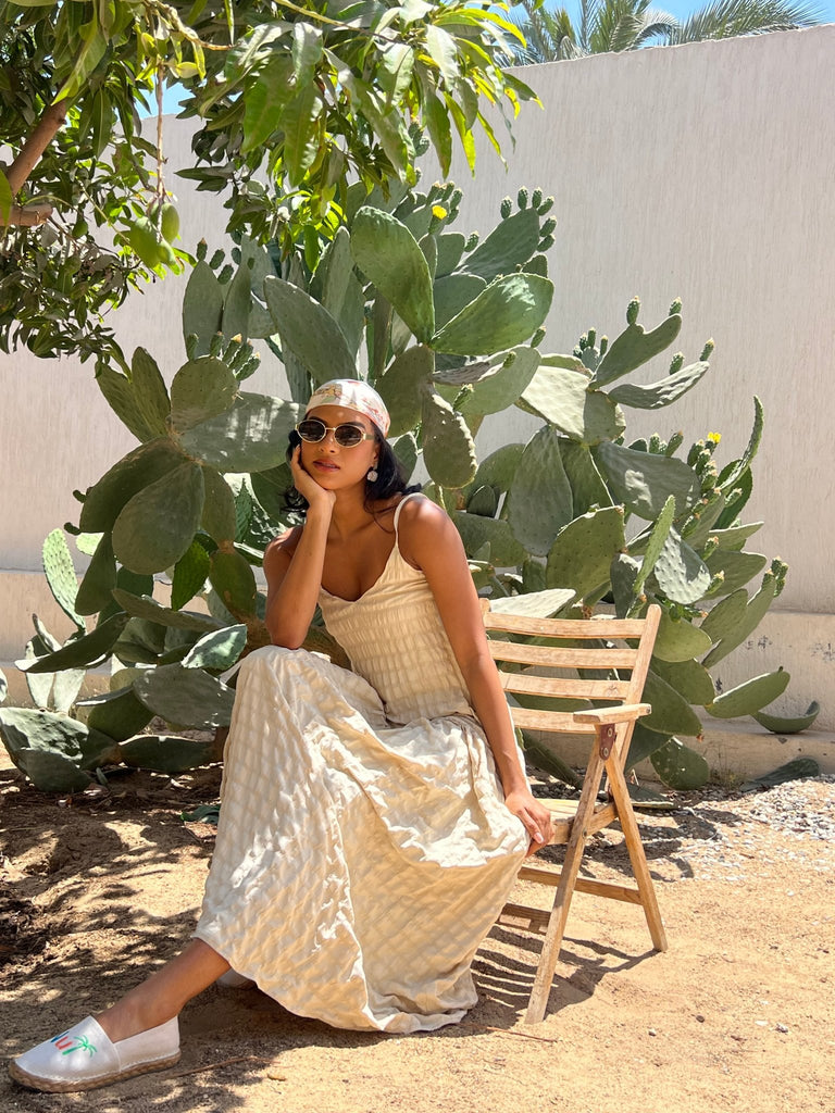 Beige Crinkled Drop Waist Dress - Mii