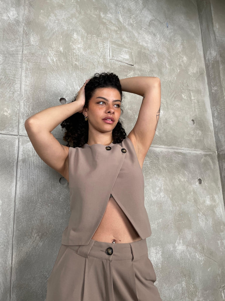 Beige Double Button Wrap Vest - Mii