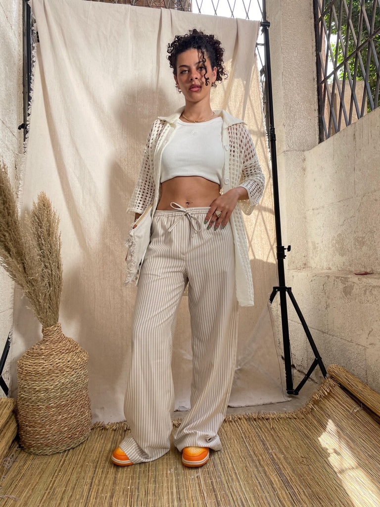 Beige Drawstring Waist Striped Pants - Mii