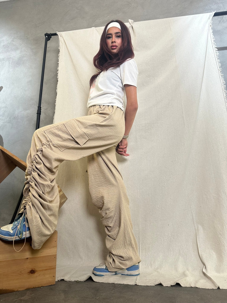 Beige Flap Pocket Side Drawstring Waist Parachute Pants - Mii