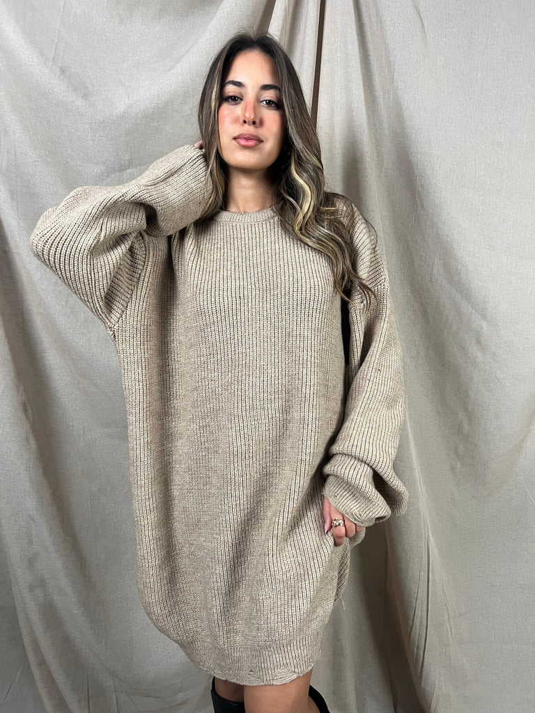 Beige Frenchy Ripped Knit Sweater Dress - Mii