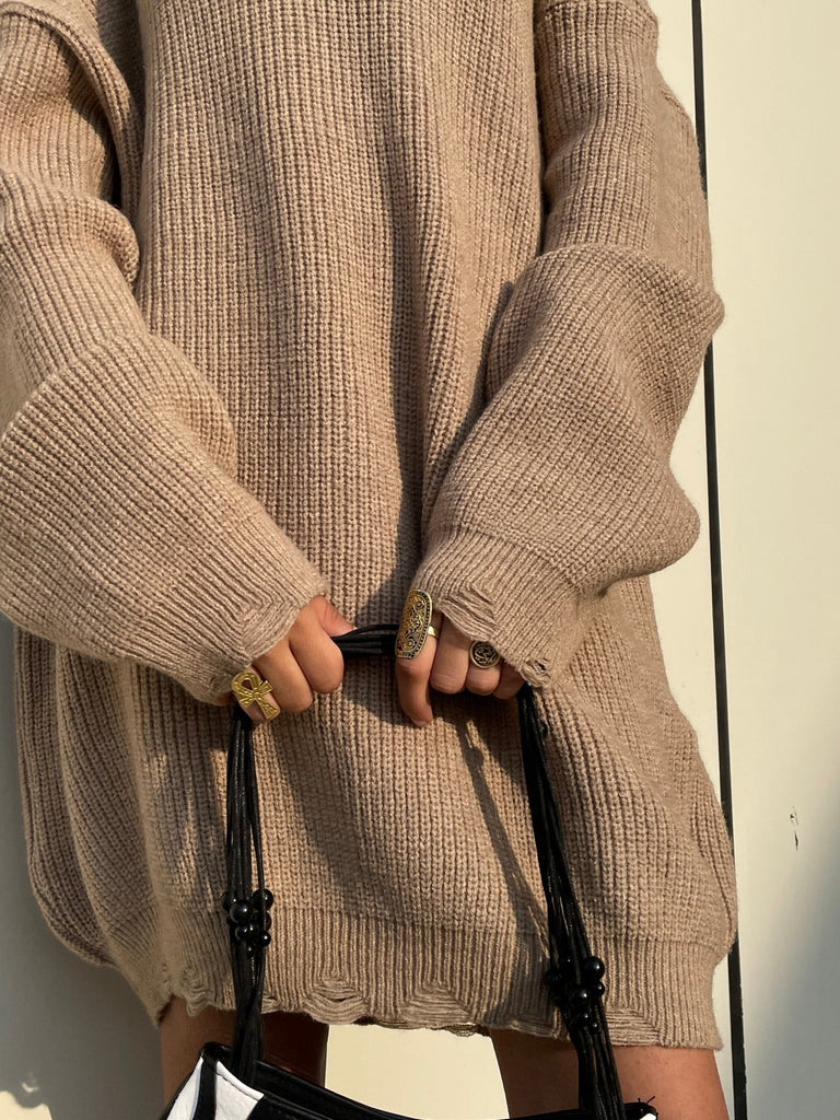 Beige Frenchy Ripped Knit Sweater Dress - Mii