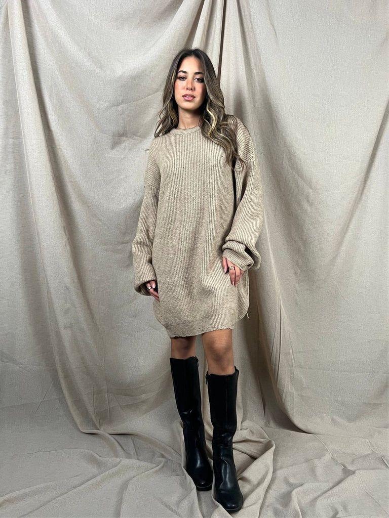 Beige Frenchy Ripped Knit Sweater Dress - Mii