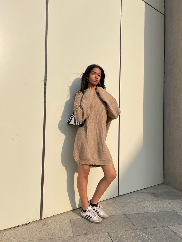 Beige Frenchy Ripped Knit Sweater Dress - Mii