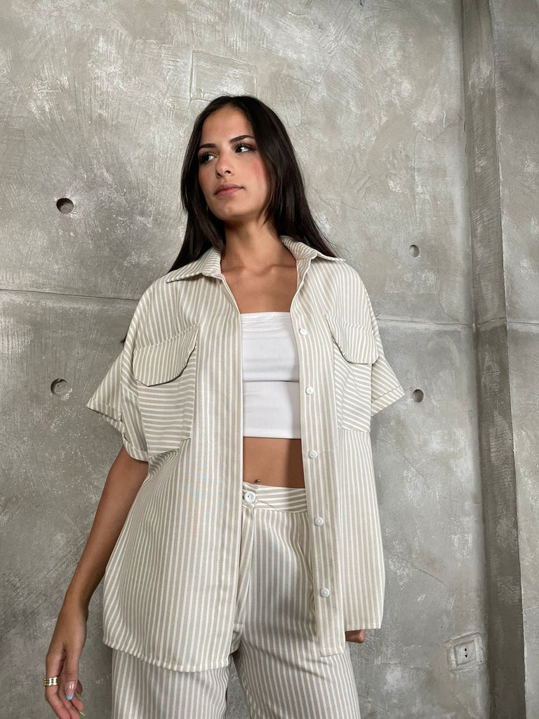 Beige Front Pockets Striped Shirt - Mii