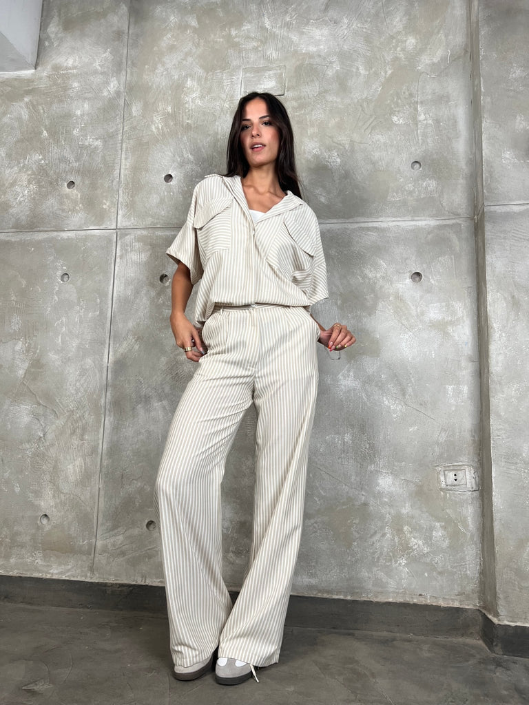 Beige Front Pockets Striped Shirt - Mii