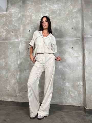 Beige High Waisted Striped Pants - Mii