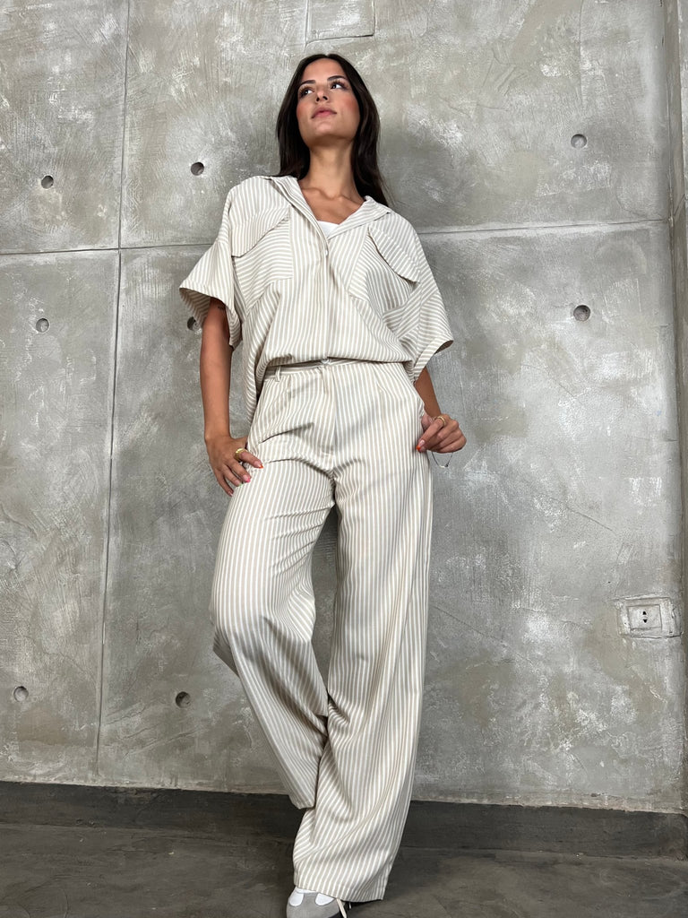Beige High Waisted Striped Pants - Mii