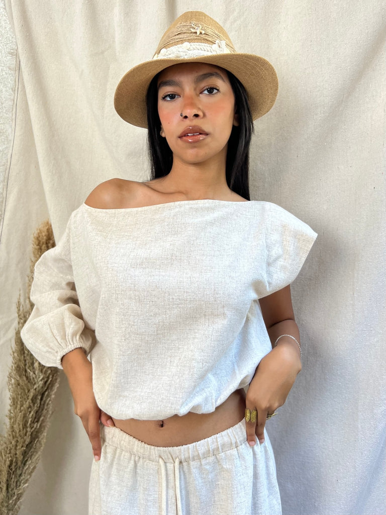 Beige Linen One Shoulder Top - Mii