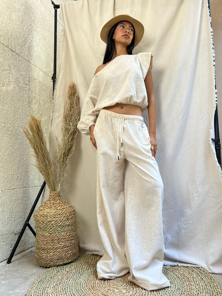 Beige Linen One Shoulder Top - Mii