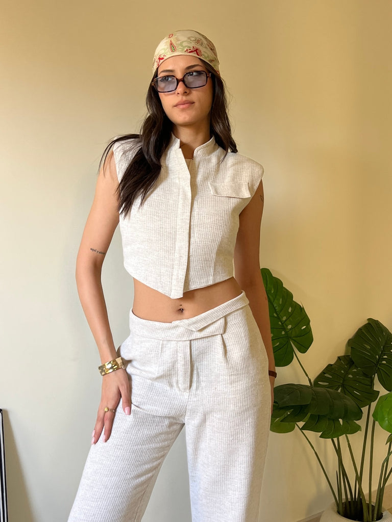 Beige Linen Zipper Vest - Mii