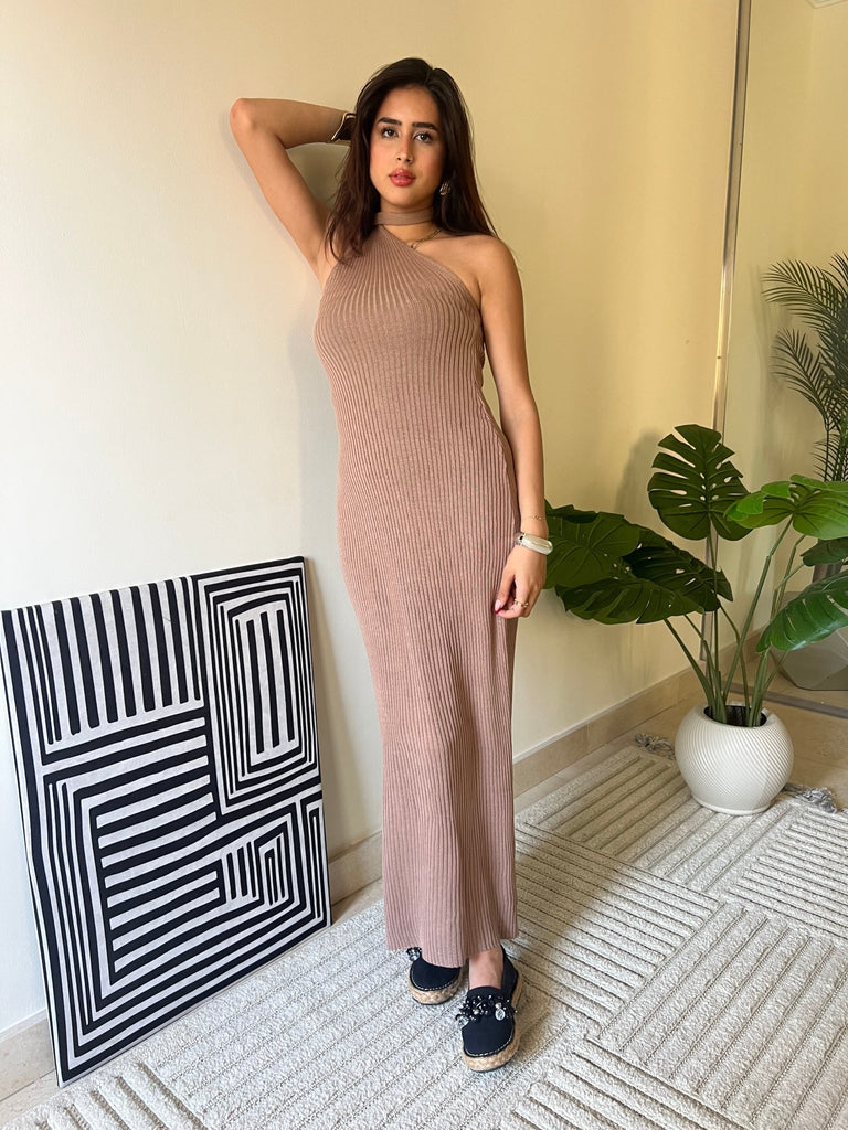 Beige Long Backless Scarf Dress - Mii