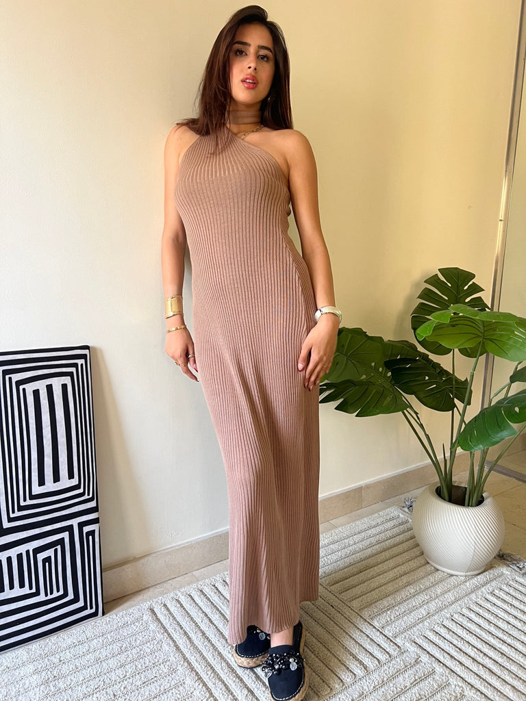 Beige Long Backless Scarf Dress - Mii