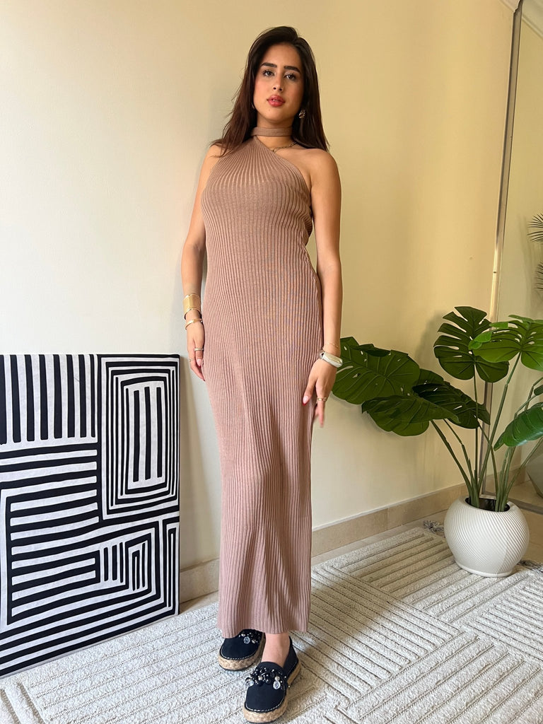 Beige Long Backless Scarf Dress - Mii