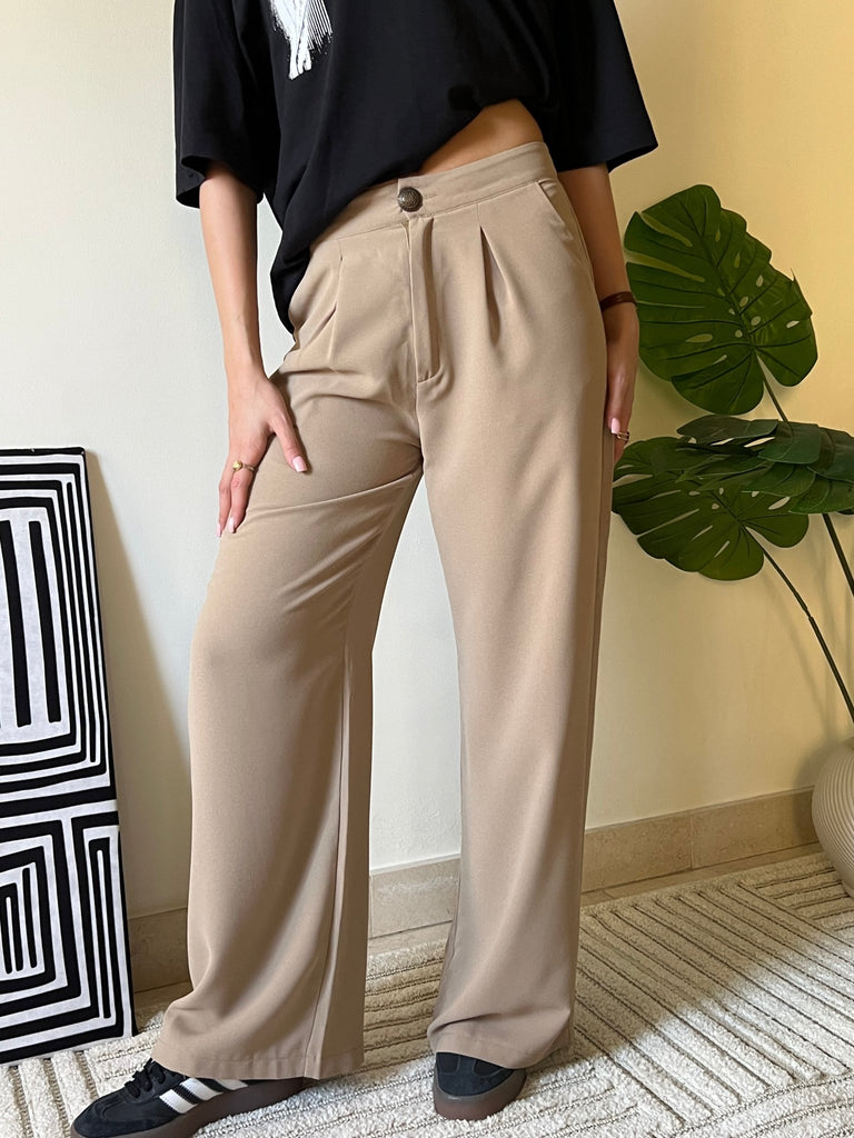 Beige Metal Button Formal Pants - Mii