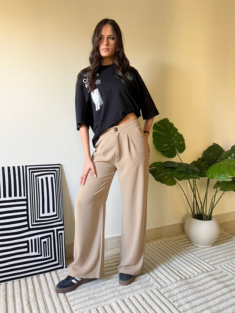 Beige Metal Button Formal Pants - Mii