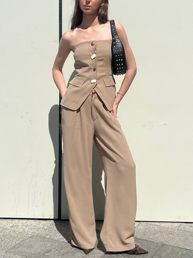 Beige Metal Button Formal Pants - Mii