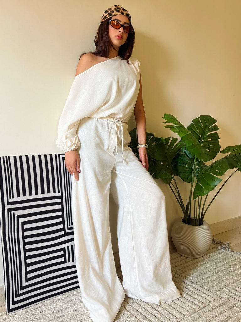 Beige Off Shoulder Linen Top - Mii