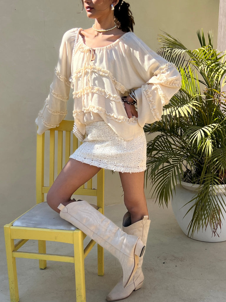 Beige Soft Ruffle Chiffon Blouse - Mii