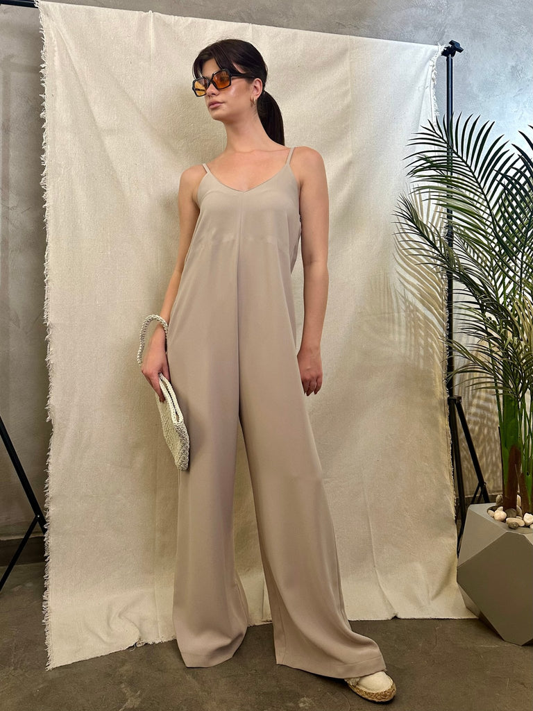 Beige Spaghetti Strap Wide Leg Jumpsuit - Mii