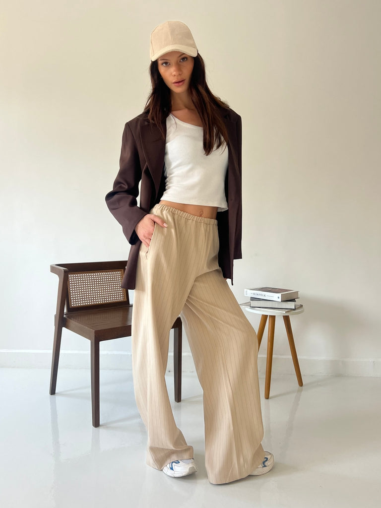 Beige Stripe Drawstring Pants - Mii