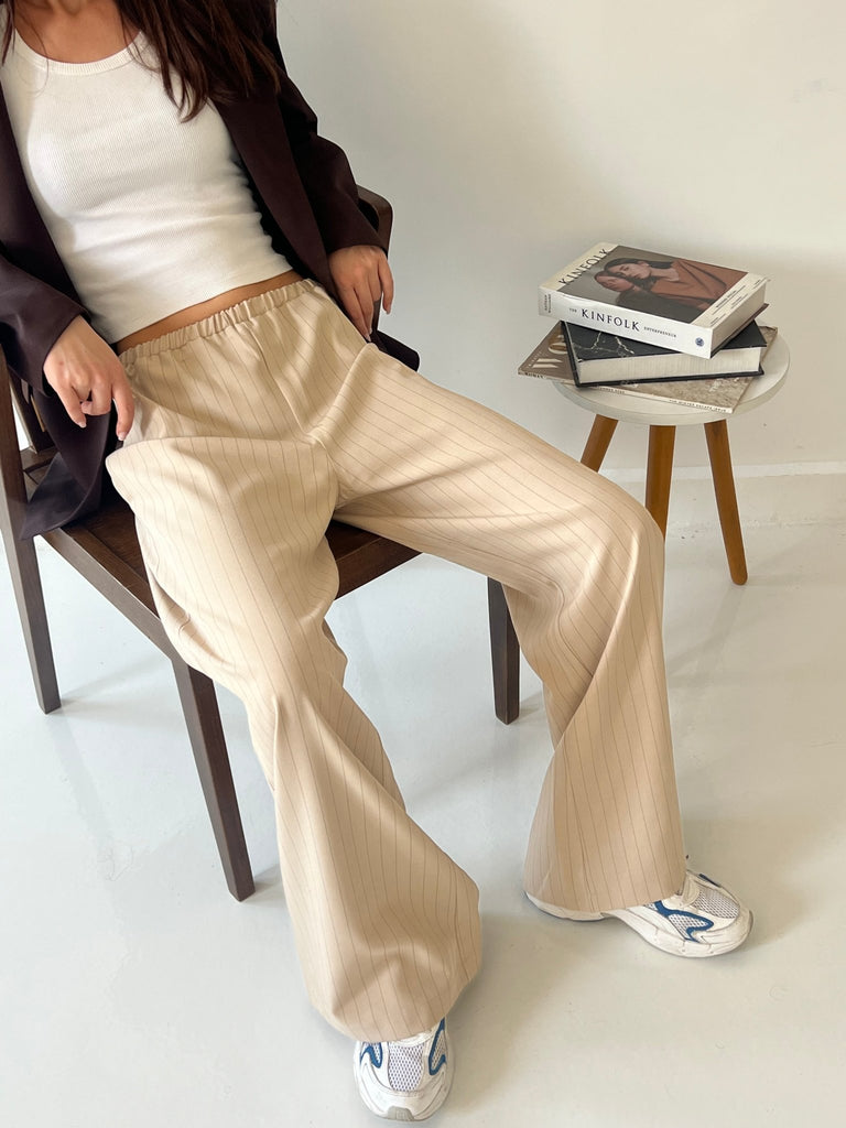 Beige Stripe Drawstring Pants - Mii