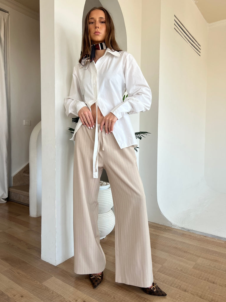 Beige Stripe Drawstring Pants - Mii