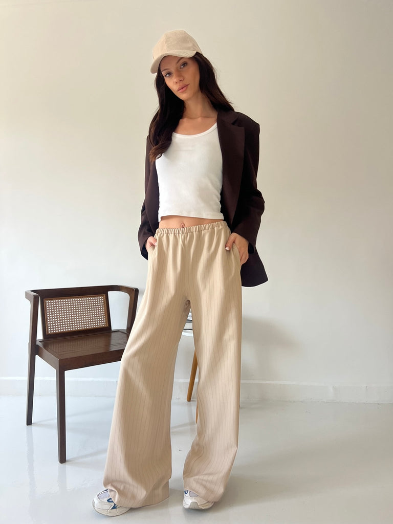 Beige Stripe Drawstring Pants - Mii