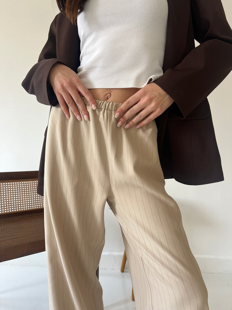 Beige Stripe Drawstring Pants - Mii