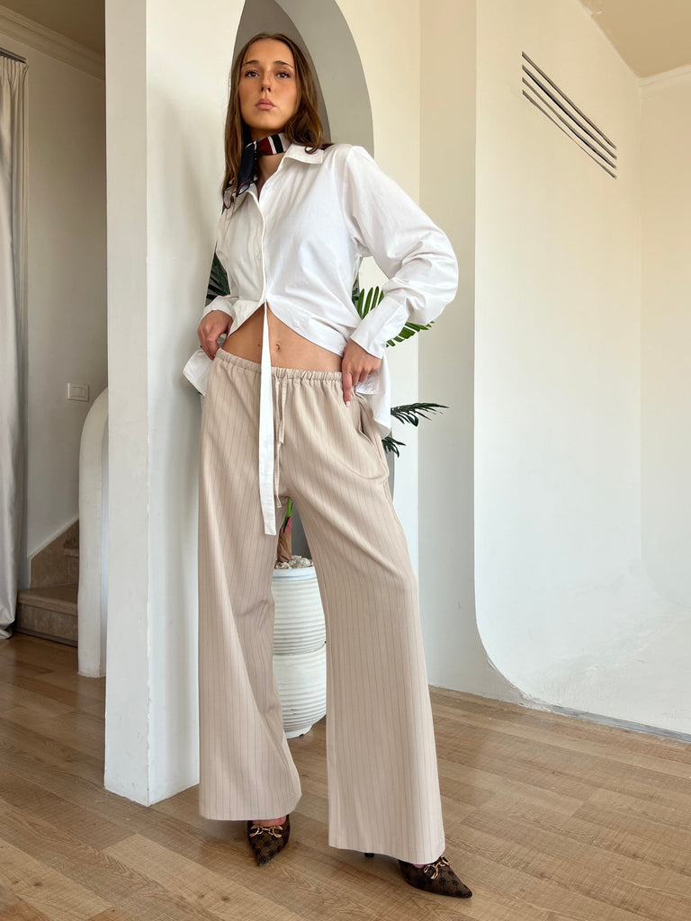 Beige Stripe Drawstring Pants - Mii