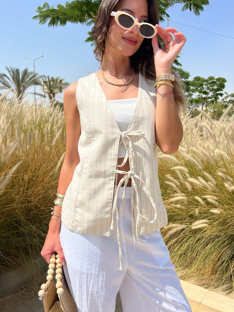 Beige Striped Front Tie Vest - Mii