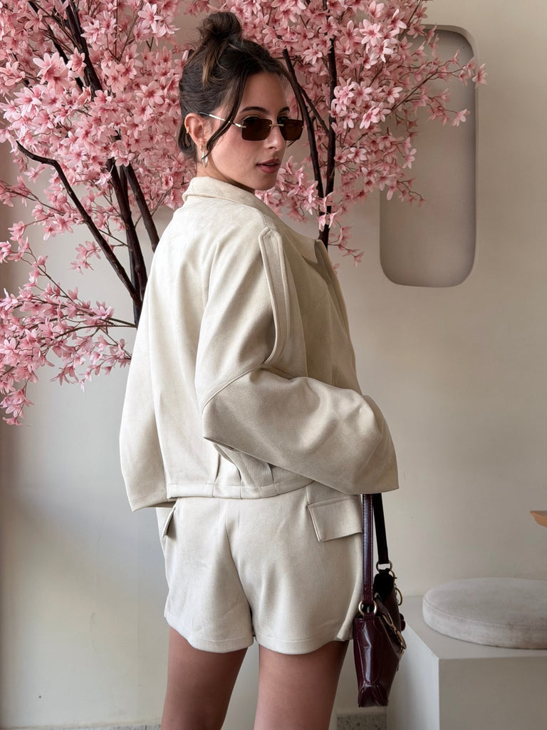 Beige Suede Layered Shorts - Mii