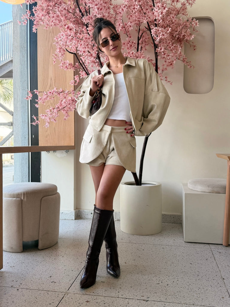 Beige Suede Layered Shorts - Mii