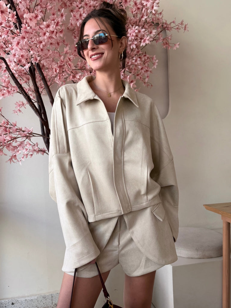 Beige Suede Layered Shorts - Mii