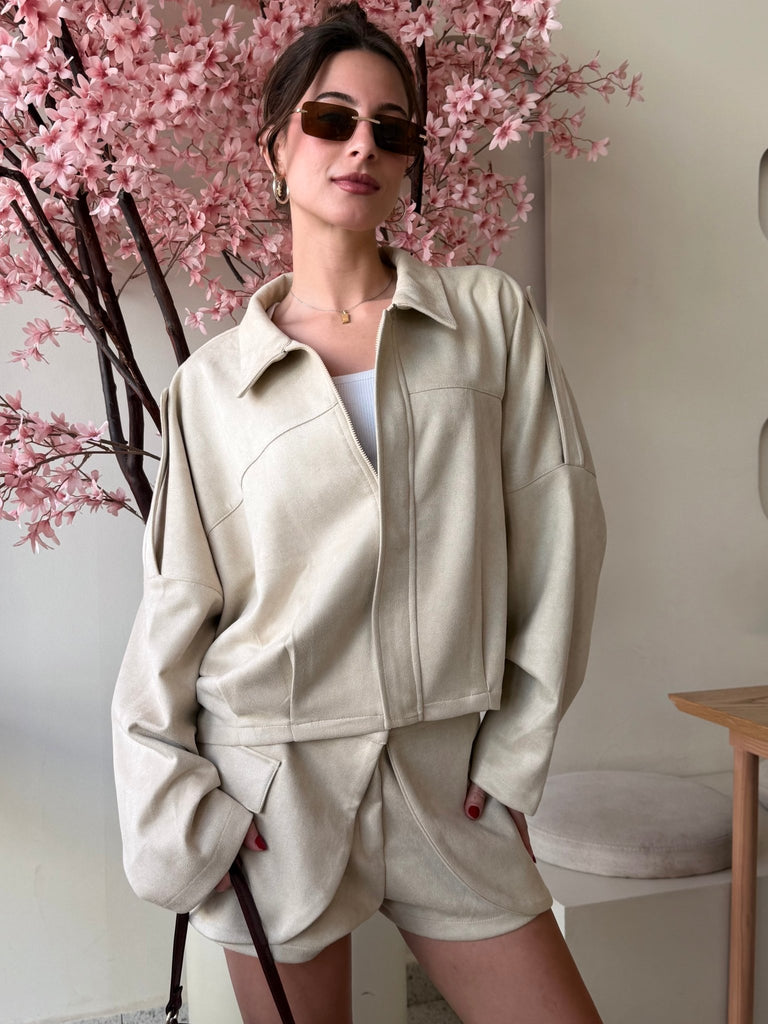 Beige Suede Relaxed Fit Jacket - Mii