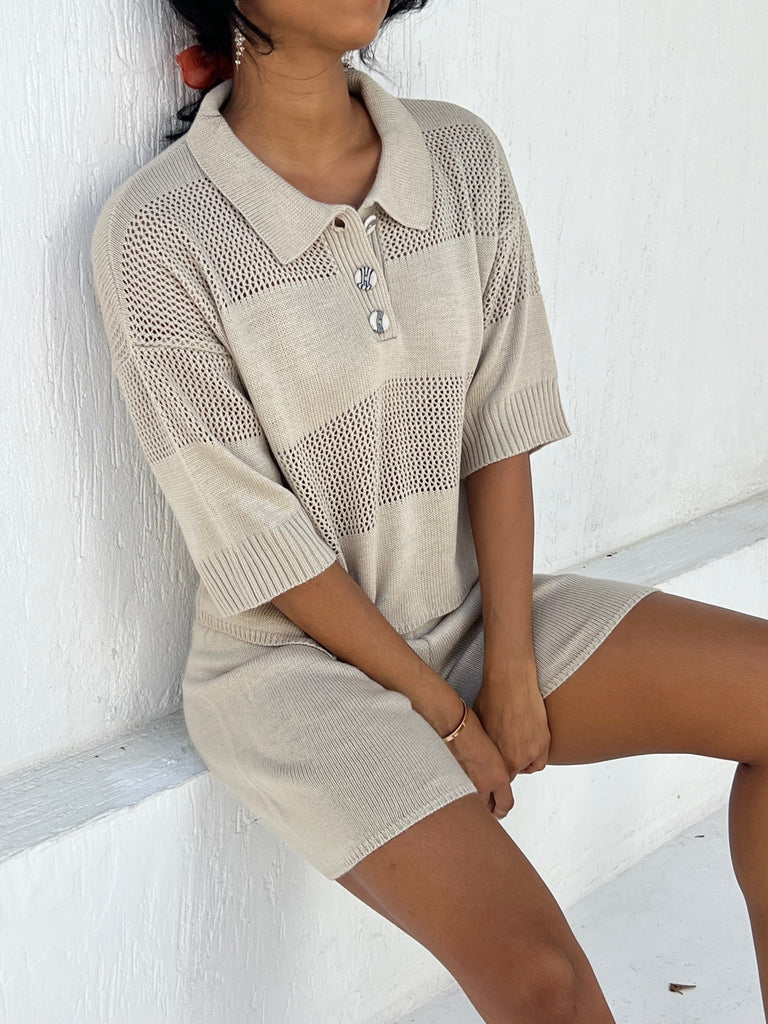 Beige Summer Knitted Short Set - Mii