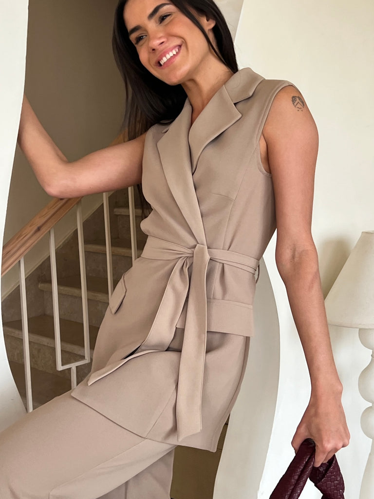 Beige Tie On Snatched Waist Vest - Mii