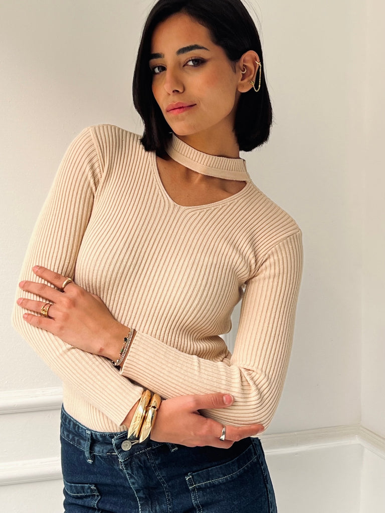 Beige V Front Cut Ribbed Knit Basic - Mii