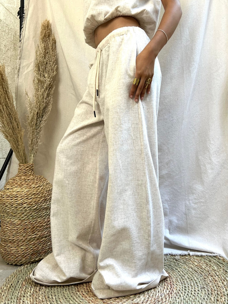 Beige Wide Leg Linen Pants - Mii