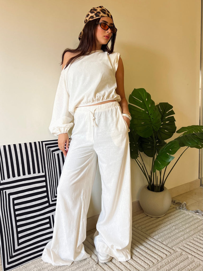 Beige Wide Leg Linen Pants - Mii